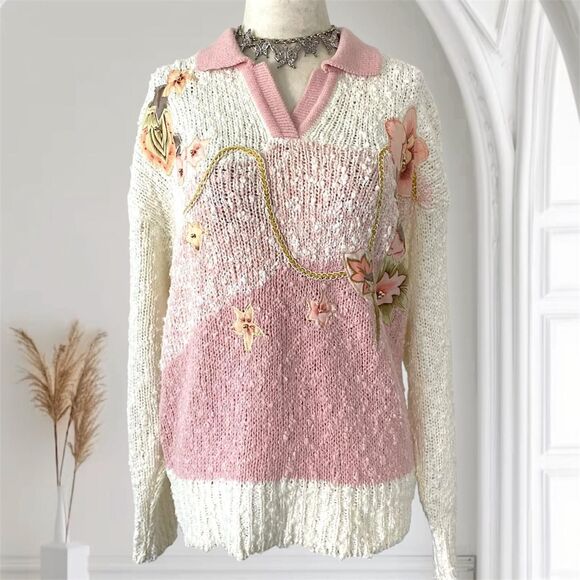 Needles & Yarn Sweaters - White Pink Vintage Chunky Coquette Flower Pearl Embroidered Collared Sweater M